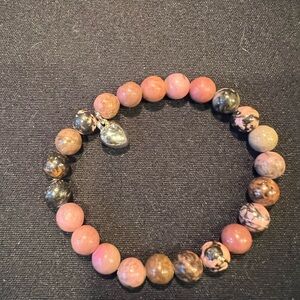 Vintage Pink Marbled Beaded Bracelet with Silver Heart Charm